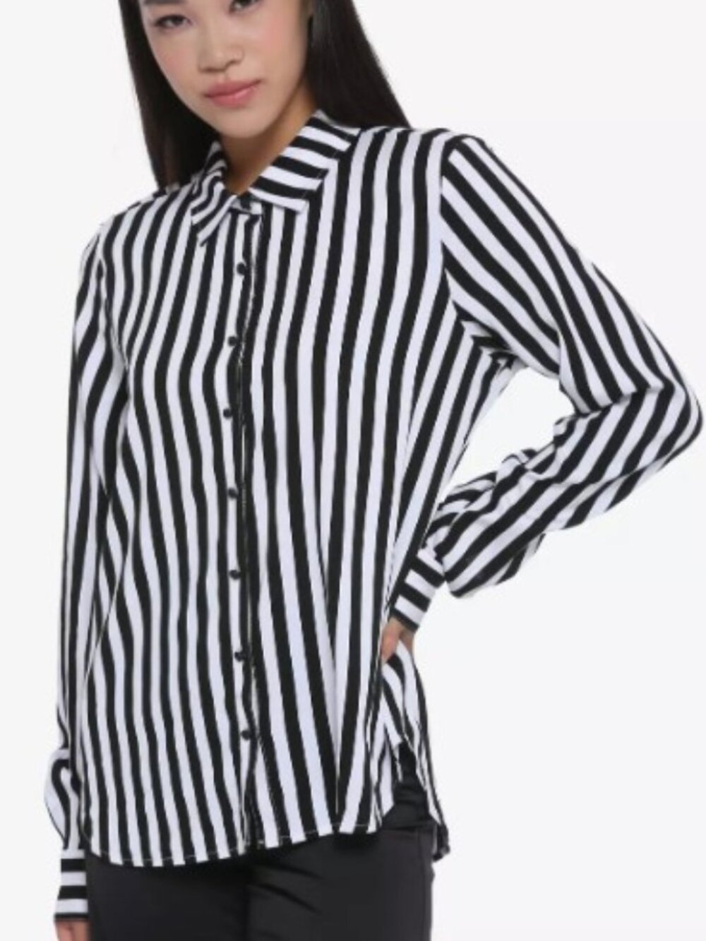 Beetlejuice Vibes - Striped Long Sleeve Blouse w/ Black Skull Buttons Plus Size